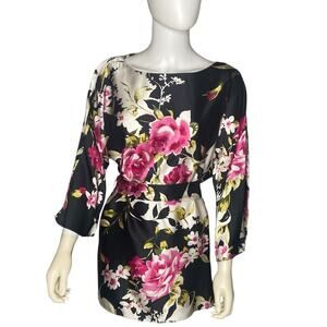 Andrea Behar Boston Proper Black Silk Floral Belted Tunic Blouse Sz 10